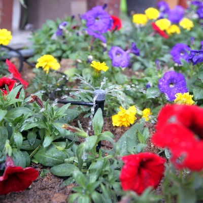 Sistema de irrigação por micro gotejamento com borrifador de alcance ajustável para transplante de plantas em vasos